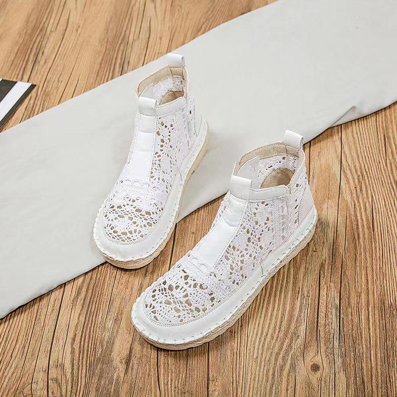 

2026 Нові літні жіночі мереживні ажурні високі черевики на пласкій підошві, м яка підошва, нековзкі, дихаючі, без застібок, черевики на щиколотку 35 білий