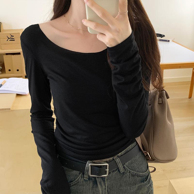 

Футболка с короткими рукавами и большим вырезом, женская нижняя одежда, облегающая, обтягивающая талию, осень и зима M чёрный