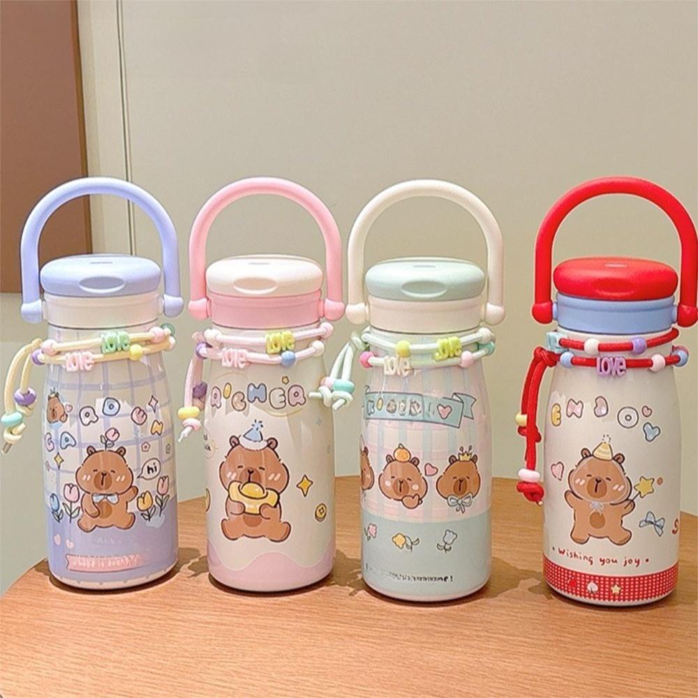 Cute 600ml Capybara Insulated Cup Stainless Steel with Straw Thermal Water Bottle with Lanyard Handle Car Coffee Cup Gifts