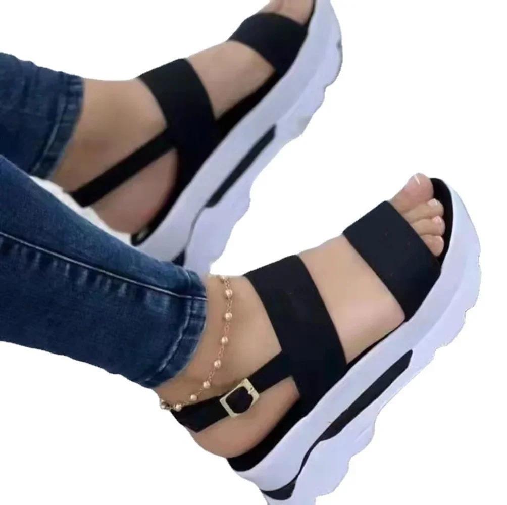 Fashion 2025 Summer New Plus Size Women's Shoes Wide Face Lace-Up Sweet Style Thick Bottom Slope Shoes Women's Polyamide Lining And Sole