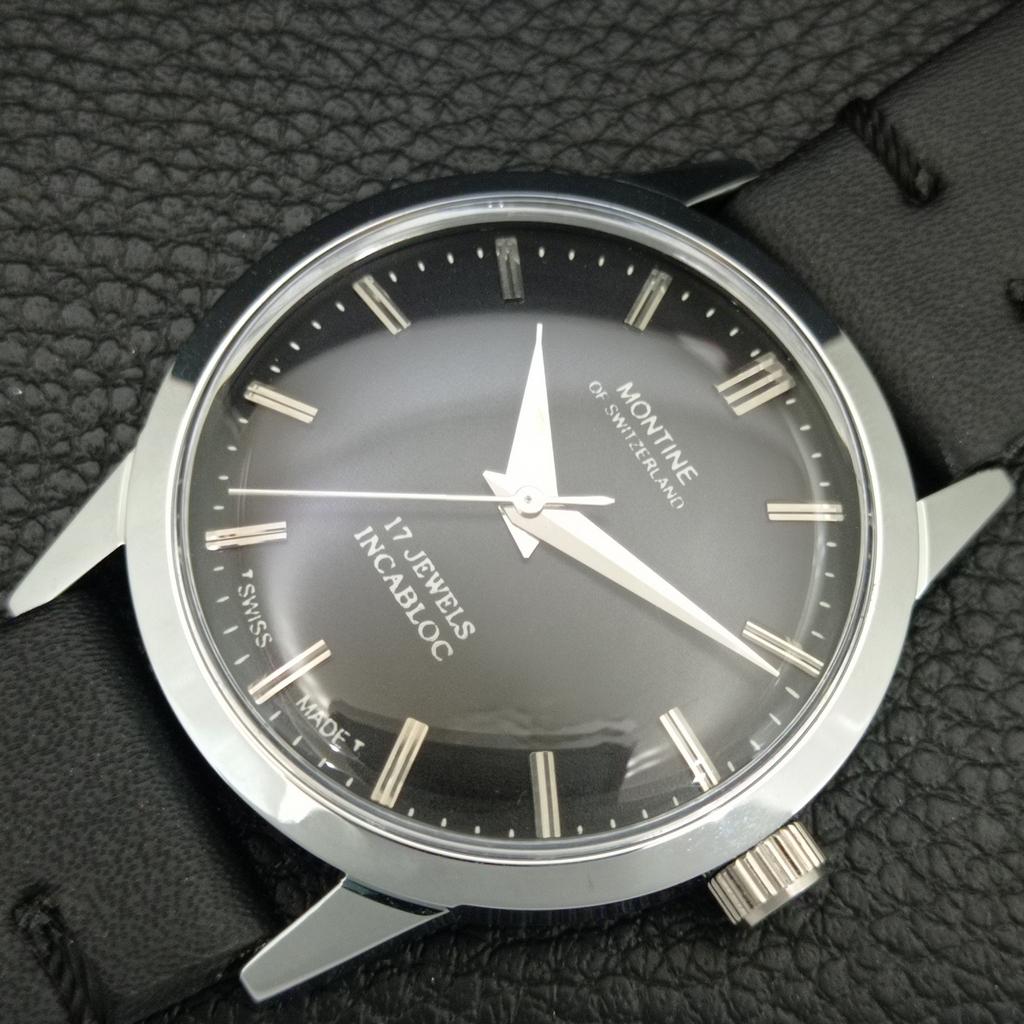 HAND-WINDING VINTAGE MONTINE SWISS MENS REFURBISHED BLACK DIAL WATCH a445227-1