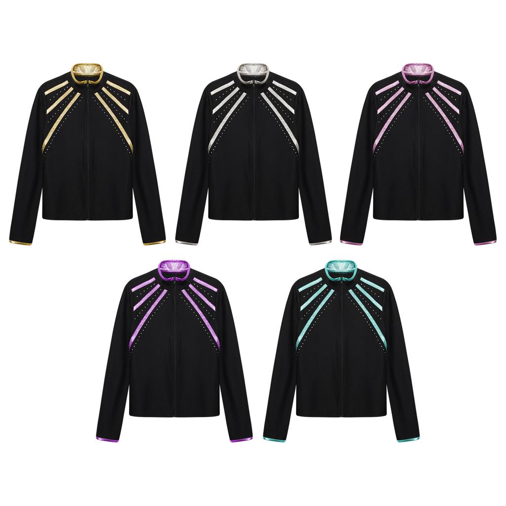 Sweat à capuche enfant scintillant avec strass et rayures métalliques, fermeture éclair, col montant, manches longues pour le patinage artistique, la gymnastique, l'entraînement