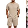 Mens Hawaiian Vintage Summer Set - Loose Fit Henley Shirt & Shorts, Stretch Jacquard Knit, Short Sleeve 2 Piece Outfit