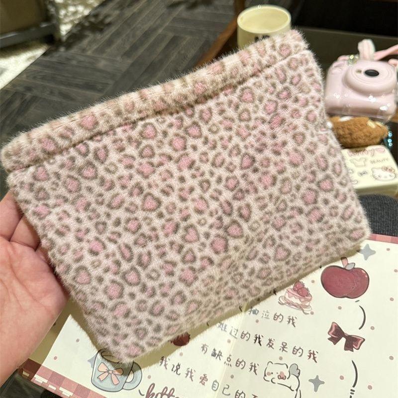 Herbst Winter Leopardenmuster Kosmetiktasche Rosa Plüsch Organizer Große Kapazität Kosmetik Toilettenartikel Tasche Handtasche Clutch für Damen