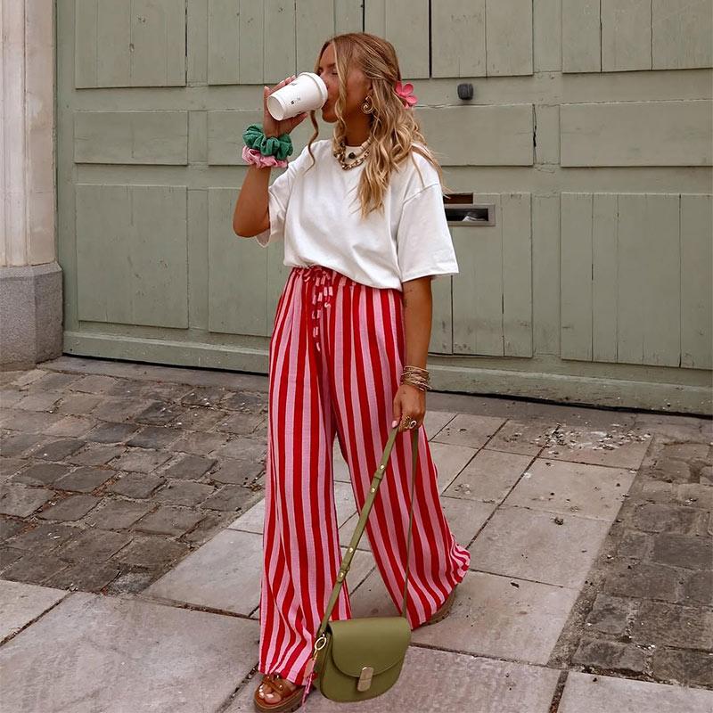Casual Striped Pants Women Loose Elastic Waist Lace Up Wide Legs Straight Trousers Female Summer Chic Soft Pants Lady