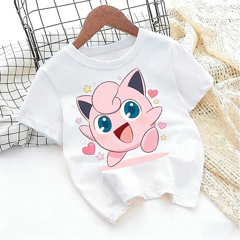 Pokemons White Tshirt Boy Girl Toddler Cute Kids Anime Game Cartoon Casual Streetwear Short Sleeve Childern Clothes Cotton Tops