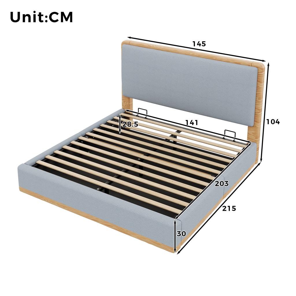 140x200 Upholstered Platform Bed with Hydraulic Storage Space under the Bed, Grey + Natural Wood Tones