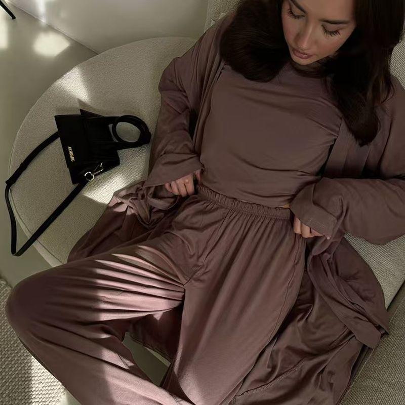 

Западный стиль Мода Свободный Повседневный Топ Длинные Брюки Халат Модный Комплект из Трех Вещей Brown M