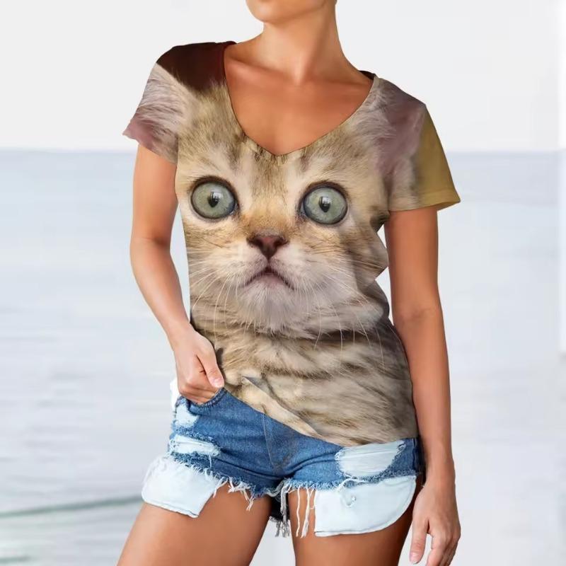 Women V-neck Short Sleeve Casual Fashion Kawaii Graphics T-shirt Oversized Female Girls Clothes 3D Funny Cats Print T Shirts