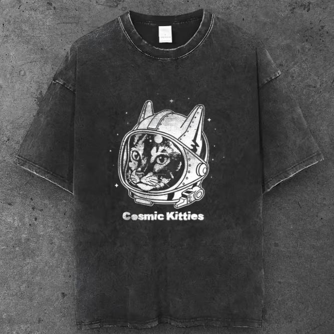 Unisex Space Astronaut Cat Graphic T Shirt Washed Black Grunge Aesthetic S-2XL S