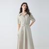 ELLE French Minimalist Design Lapel Waist-Defining Casual Versatile Color-Block Solid Embroidered X-Stripe Midi Dress Short Sleeve Dress L8ALM039