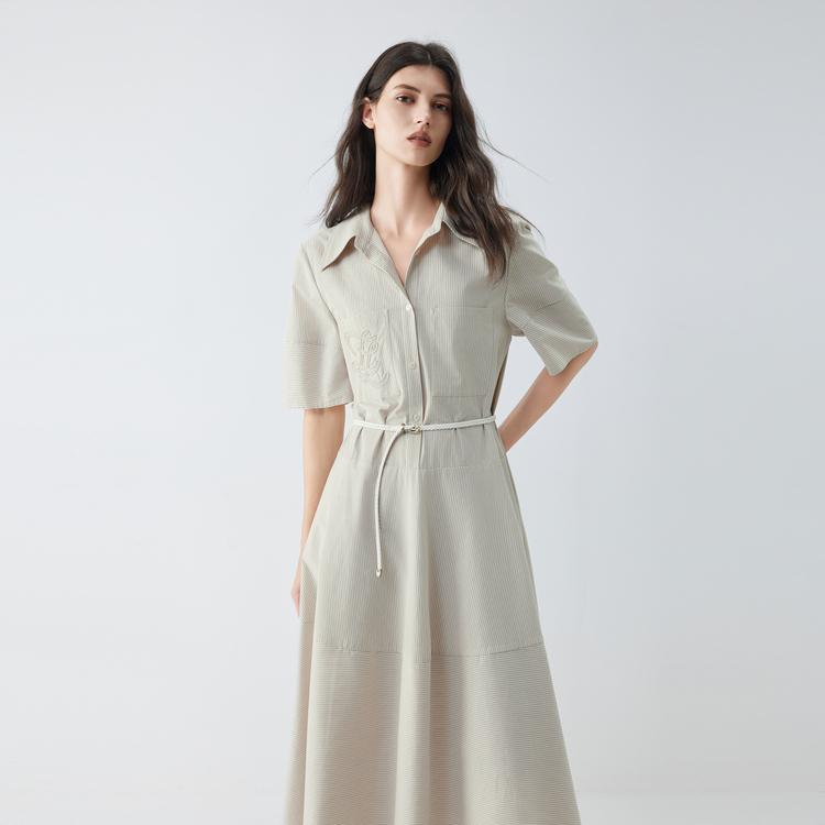 ELLE French Minimalist Design Lapel Waist-Defining Casual Versatile Color-Block Solid Embroidered X-Stripe Midi Dress Short Sleeve Dress L8ALM039