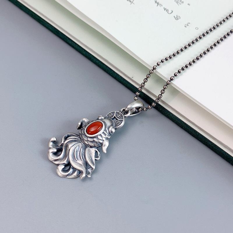 925 Sterling Silver Red Agate Goldfish Koi Necklace Pendant for Men & Women – Retro Style, Year-After-Year Abundance