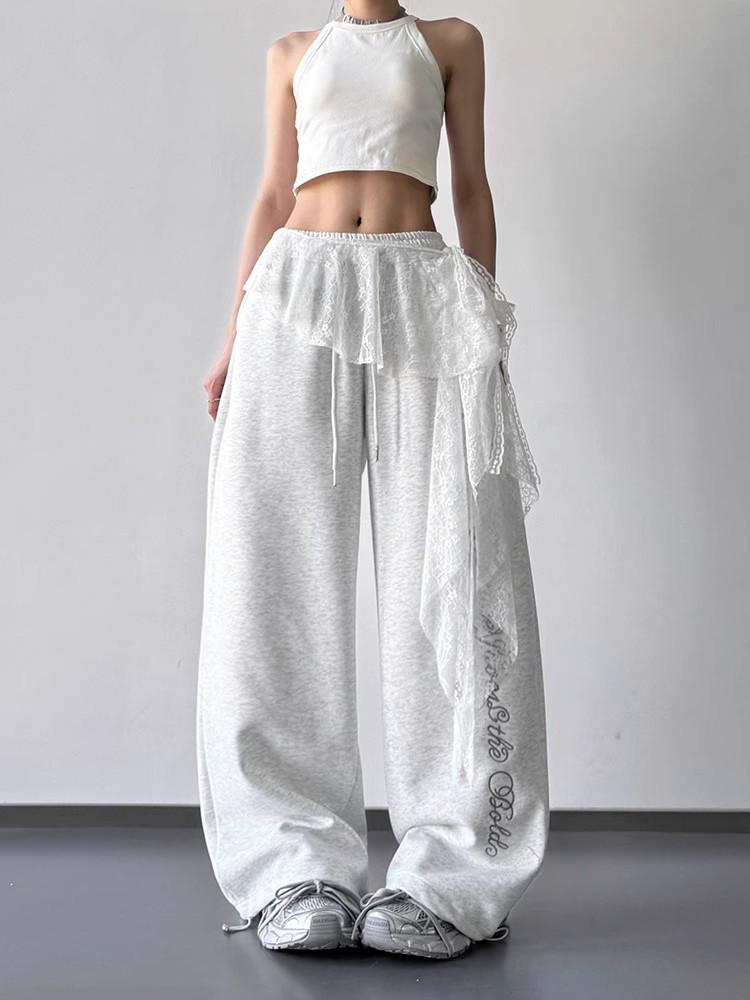 High-Waist Lace Splicing Wide-Leg Street Dance Pants for Women - Spring/Summer Casual Sportswear