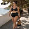 Plus Size Women Swimwear 2Pcs/Set Bikini Set, Cross-Chest V-Neck Bra with Built-In Support, Hong Kong Style High-Waisted Twist Swim Bottoms, Retro Dot