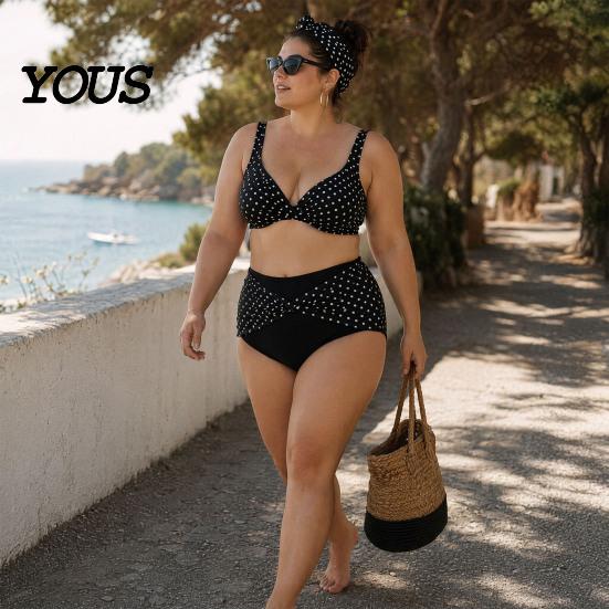 Plus Size Women Swimwear 2Pcs/Set Bikini Set, Cross-Chest V-Neck Bra with Built-In Support, Hong Kong Style High-Waisted Twist Swim Bottoms, Retro Dot