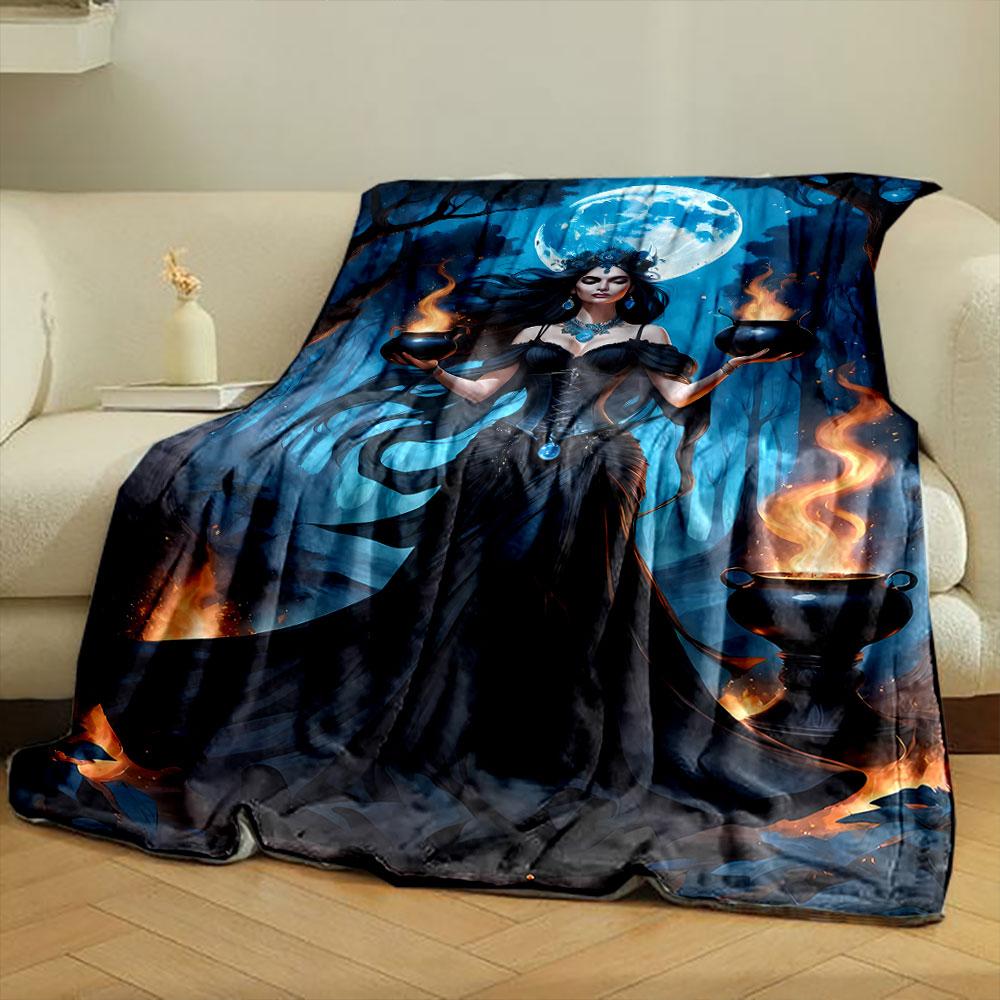 Mysterious Witch Glowing Cauldrons Moonlit Forest Blanket Bedroom Blanket for Livingroom Couch Lunch Break Soft Throw for Friend's Festival Gift
