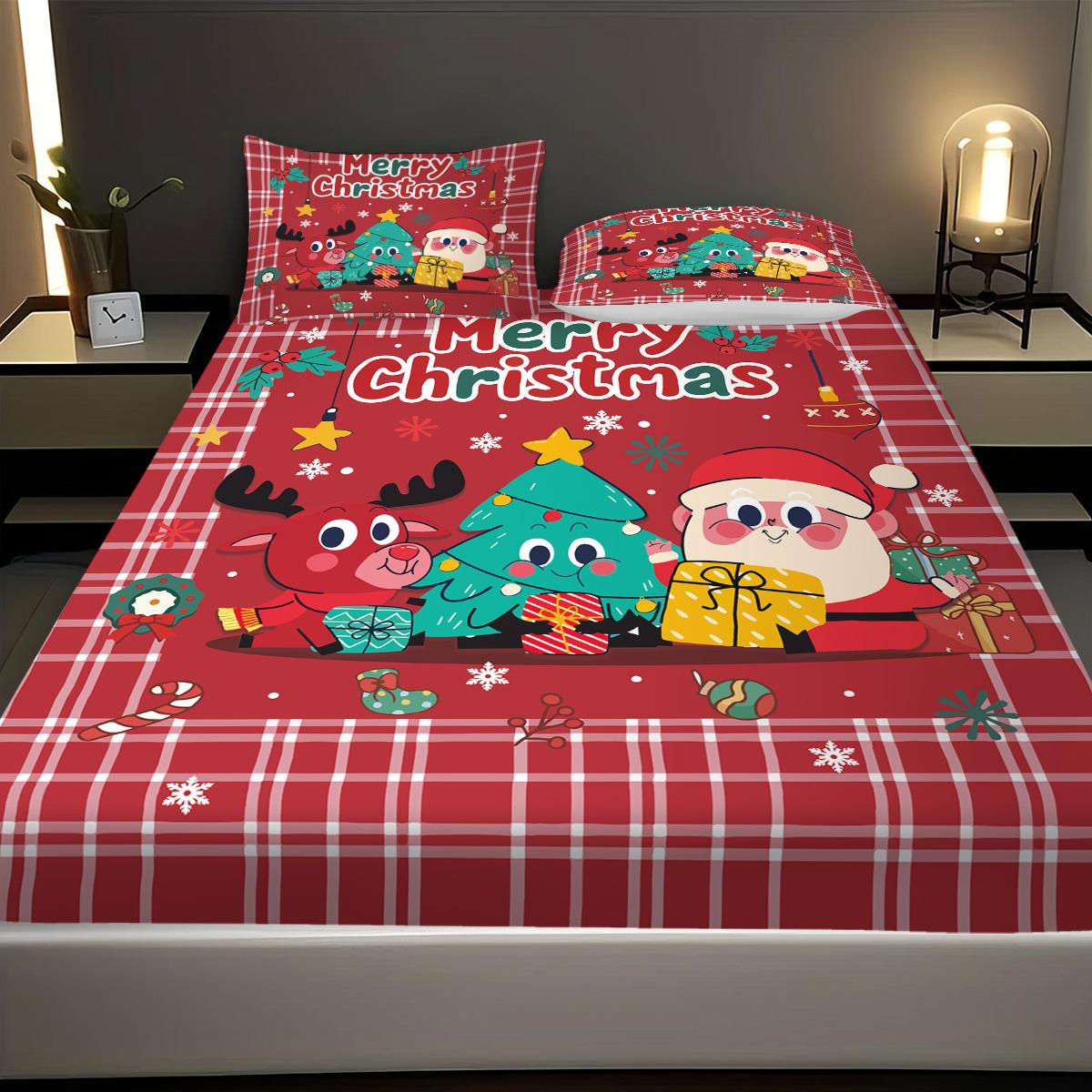 

3pcs red checkered Santa Claus print coreless bed sheet set multi size bed cover bedroom bedding decoration machine washable 90x191