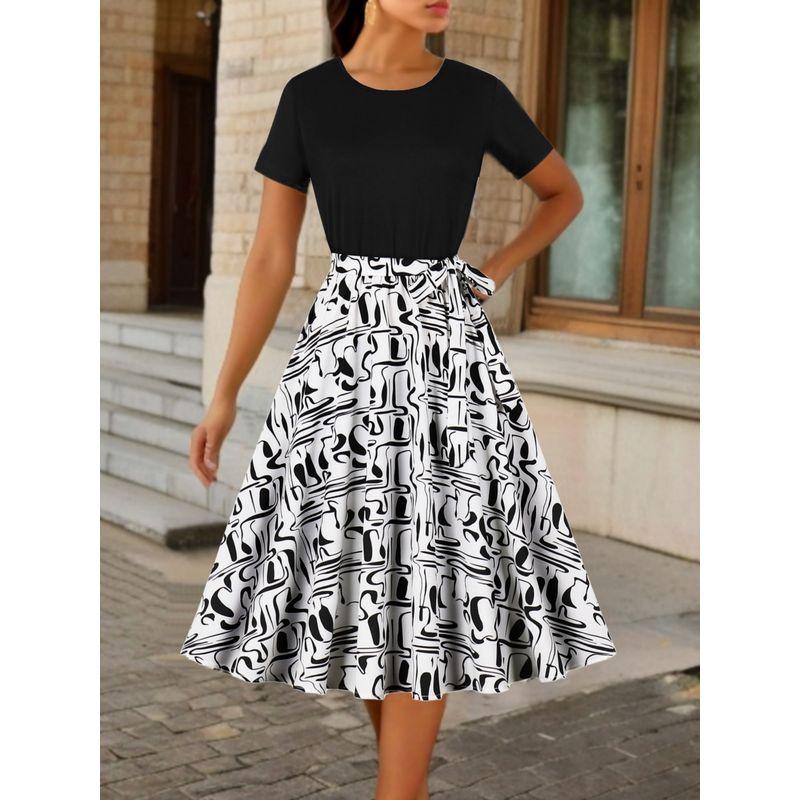 

Summer New Arrival Women s Clothing Fashion Style round Neck Print Short Sleeve Dress Street Color Block Skinny Flab Hiding High Waist Skirt p055-12 S