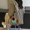 Cute Cartoon Embroidered Puppy Shoulder Bag Fashion Striped Canvas Hand-Held Underarm Bag Large Capacity Commuter Tote Bag