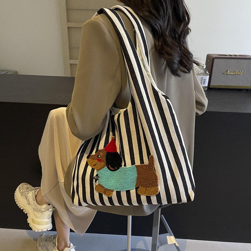 Cute Cartoon Embroidered Puppy Shoulder Bag Fashion Striped Canvas Hand-Held Underarm Bag Large Capacity Commuter Tote Bag