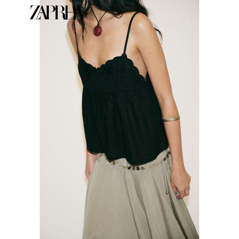 Zaprha 2025 Summer New Gyaru Style Black Flower Heart-Shaped Collar Embroidery Sling Top 0881008