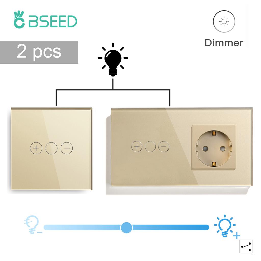 BSEED LED Touch Dimmer Schalter Wanddimmer 1-fach 2-Wege Sensor Schalter Plus EU Steckdosen USB Typ-c Gehärtetes Glas Wasserdicht 2er Pack