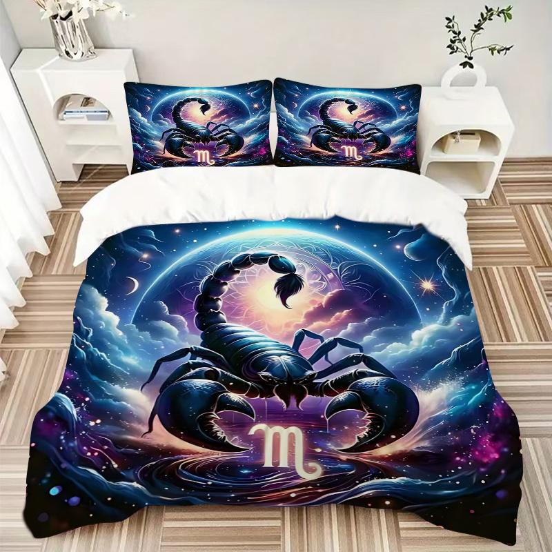 3pcs Scorpio Zodiac Sign Comforter Set with Two Pillowcases (No Core), Home Decor, Festival Gift, Polyester Fabric, Anime Cartoon Design
