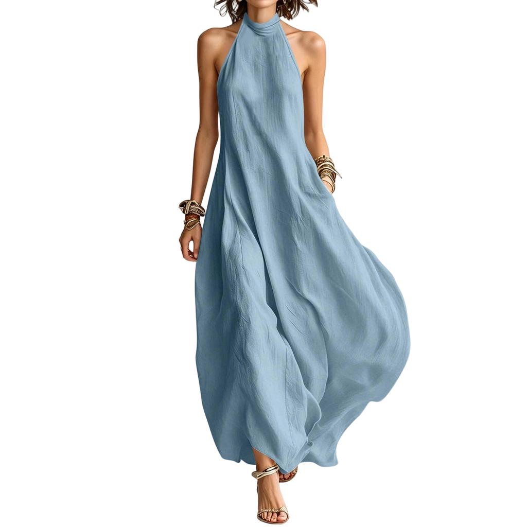 Bohemian Neckholder Maxikleid Lockere Passform Schulterfrei Ärmellos Langes Kleid Sommer Strandmode Lässiger Boho-Stil