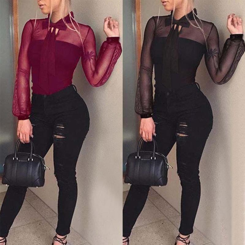 Women Sleeve Long Sexy Stretch Bodycon Bodysuit Tops Casual Leotard Plain Shirt