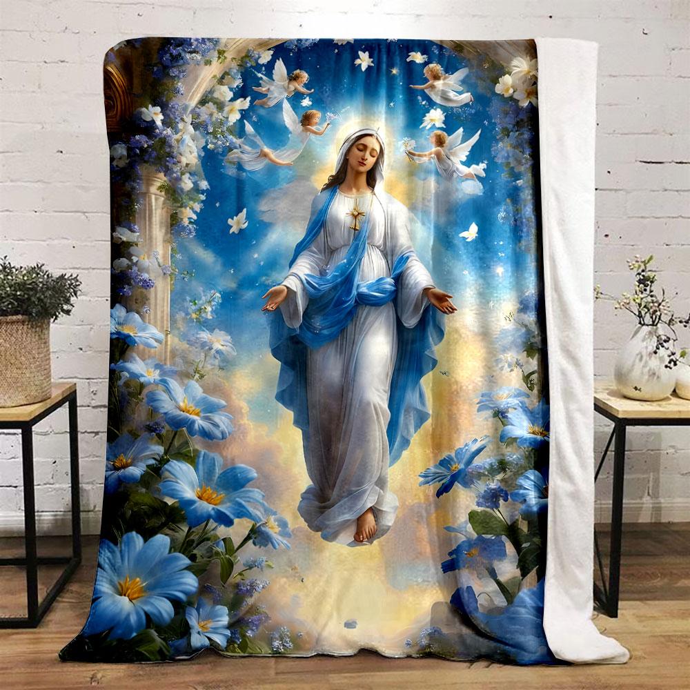 Virgin Mary Angels Flowers Blanket Printed Blanket for Living Room Bed Couch Lunch Break Soft Cozy Blanket for Friend's Festival Gift