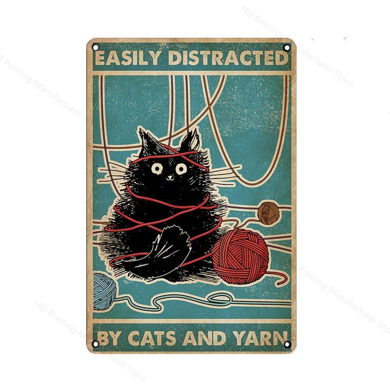 Schwarze Katze Frauen Metallschild Vintage 30 *20cm Blechschild Kaffee Yoga Schlafzimmer Club Dekoration Zuhause Vintage Kunstplatte Wandposter