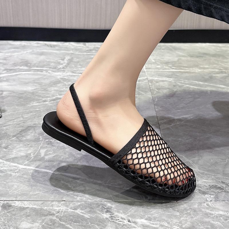 Fashion 24 New Fashion Fish Net Weaving Hollow Roman Sandals Summer Round Toe Flat Bottom Fisherman's Shoes Baotou Half Slippers