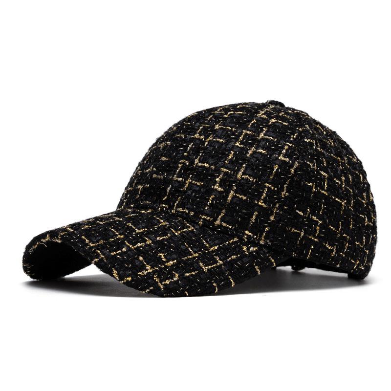 Classic French Style Plaid Baseball Cap for Women - Gold Thread, Hard Brim, Fashionable Autumn/Winter Accessory