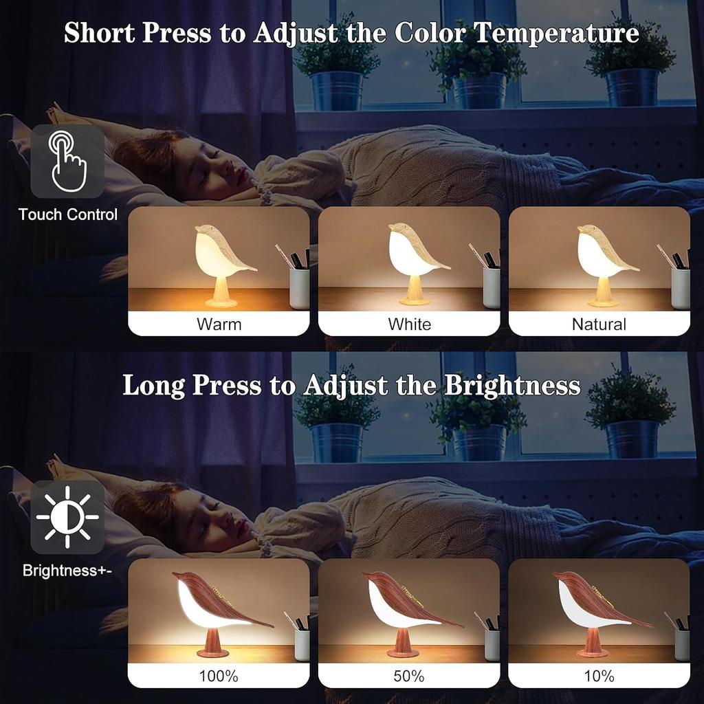 2 Pack Small Cordless Bedside Lamp Bird Lamp Touch Sensor LED Table Lamp Touch Dimmer 3 Level Brightness Lights Aroma Diffuser