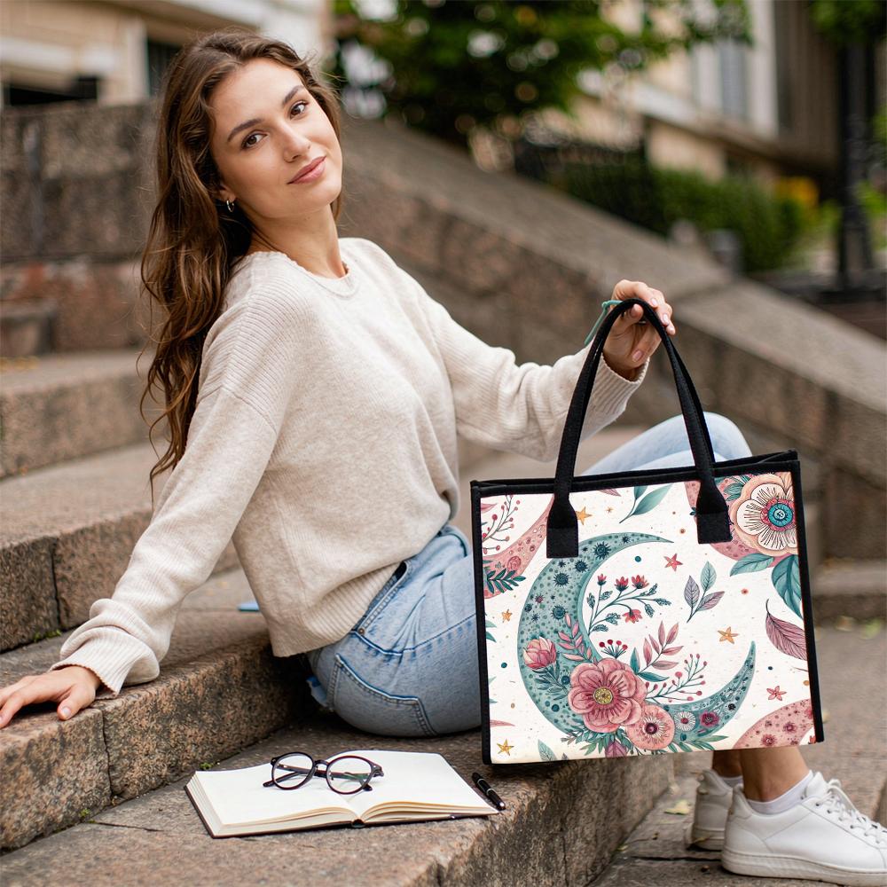 Bohemian Moon Flower Print Tote Bag Fashion Casual Large Capacity Daily Shopping Shoulder Handbag