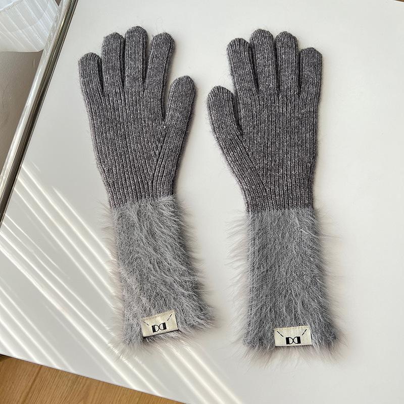 

Dopamine Solid Color Warm Five Finger Gloves Versatile Knitted Cute Student Women Sweet Long Cycling Sleeves