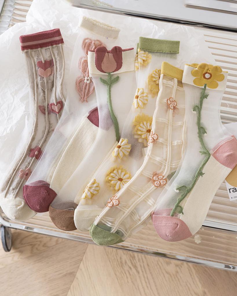 Crew Cute Floral Cotton Sizes Y Women's Socks, 5-Pair Set, Print, Odor-Resistant, Sweat-Wicking, Medium-Thick Socks, Breathable, Stylish, 22-25cm,