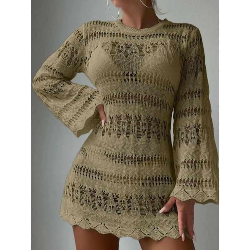 Summer Sexy See Through Beach Dress New Women Hollow Out Mesh Long Sleeve Cover Up Loose Sun Protection Vacation Bikini Cover Up Short Dress 265