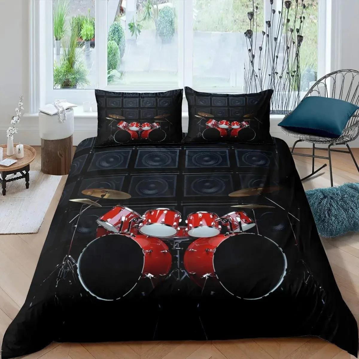 

Drum Kit Duvet Cover Set,Hip Hop Bedding Set Queen Size,Rock Music Gold Flame Comforter Cover Musical Instrument Quilt Cover Set 70x133cm