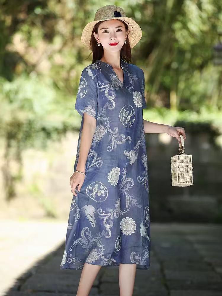 High-end Improved Cotton and Linen Dress Women's 2025 New Summer Foreign Style Short-sleeved Printed Medium and Long Dress
