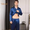 2-teiliges Pyjama-Set für Herren aus Seidensatin mit Knopfleiste, langärmeligem Pyjama-Oberteil mit Reverskragen, vorderer Knopfleiste, Brusttasche, lange Hose, Nachtwäsche