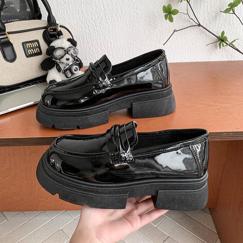 Платформа толстый каблук Британский стиль маленькие кожаные туфли новые весенне-осенние однотонные туфли черные 35