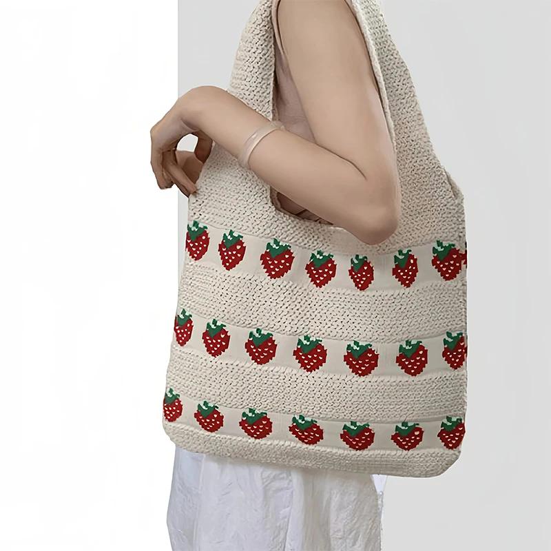 Shoulder Bag For Women Summer Strawberry Knitted Tote Bag Lightweight Travel Minimalist Shopper Hand Bag