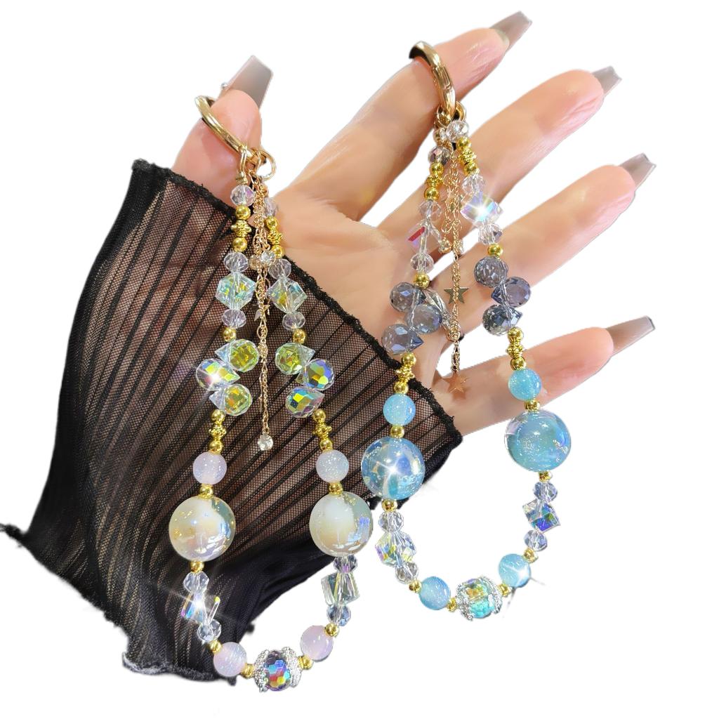 For Light Luxury Crystal Mobile Phone Chain Beaded Short Wrist Chain Fashion Butterfly Pendant Gold Leaf Hand-Made Lanyard