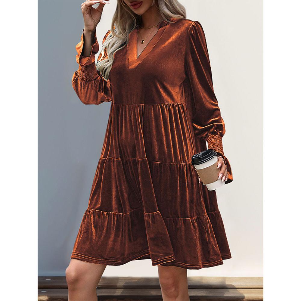 Women's Casual V Neck Long Sleeve Velvet Dress Fall Babydoll Dress Flowy Cocktail Wedding Party Shift Dresses