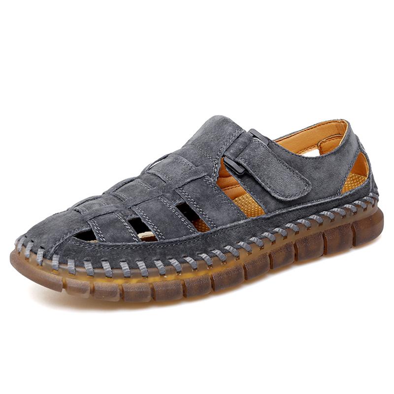 Genuine Leather Outdoor Men Sandals Hand Made Breathable Summer Casual Shoes For Men Slip On Flats Men Loafers Plus Size 38-47