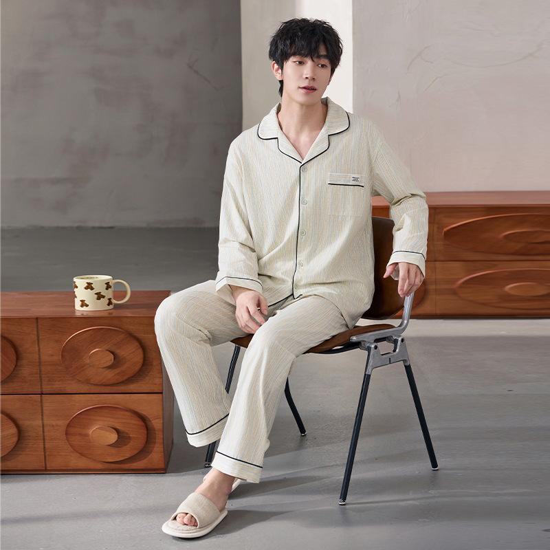 

Мужской антибактериальный хлопковый пижамный комплект 7A в полоску — весна/осень, длинный рукав и брюки, повседневная домашняя одежда. Z9551, XL абрикосовый