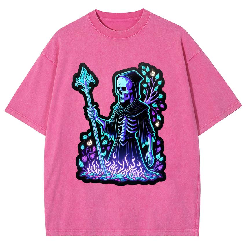 Purple Flame Skull Print Women's T-Shirt Washed Denim Fabric Super College Student Mid Sleeve Funny Retro Distressed Top