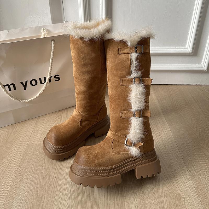 Winter Plateau Dicker Boden Pelzfutter Damen Ritter Hohe Stiefel Modische Gürtelschnalle Stripper Party Schuhe Damen Lange Stiefeletten